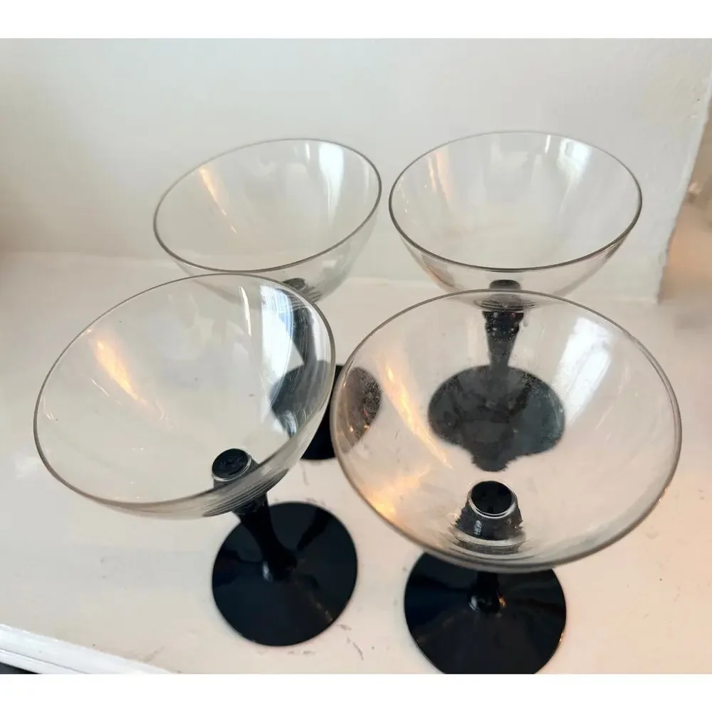 4 Vintage Black Stem Wine Goblets Set 4 Cocktail Coupes Elegant Deco Goth